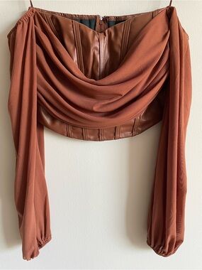 Ren Faire brown leather corset mesh off the shoulder sleeve crop top cosplay S